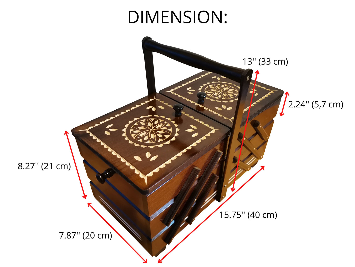 Large sewing box made from wood, dark brown carved jewellery casket, sewing kit box, accordion box, craft supplies storage, gift for her