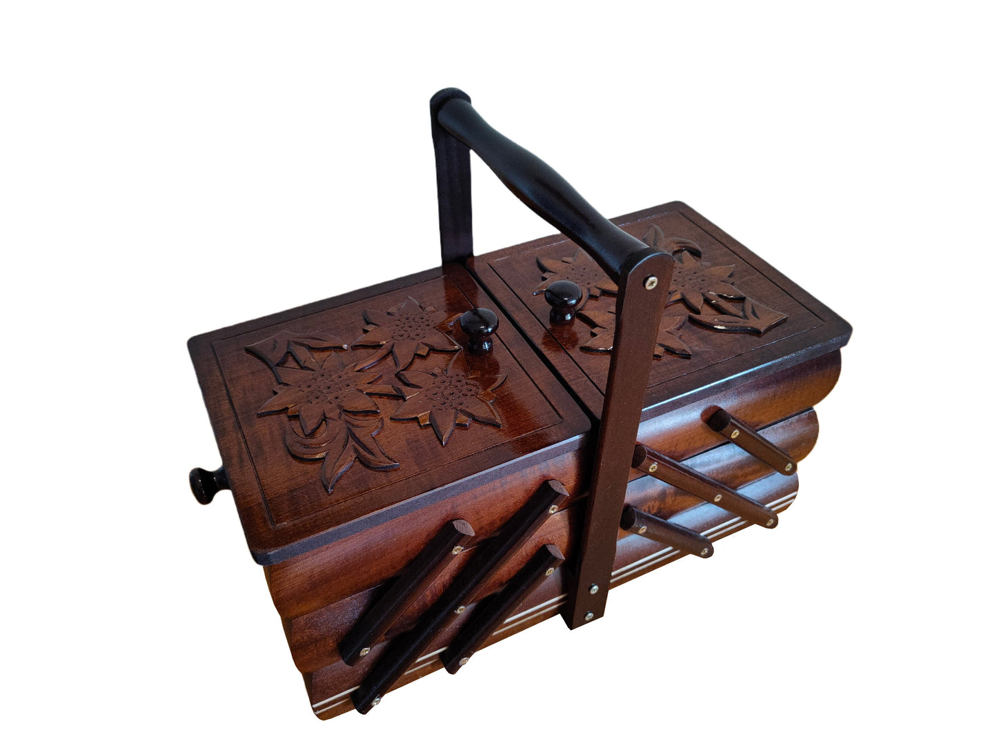 Sewing box of natural wood, jewelry casket, small carved expandable box, supplies storage, concentrina box, home organization, best gift