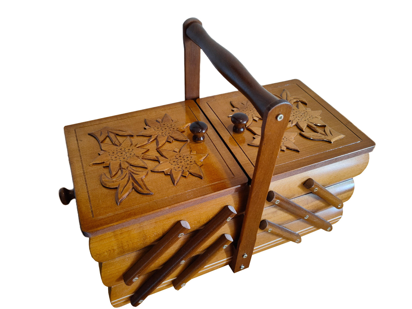Small wooden sewing box, carved sewing caddy, jewellery box for her, needles box, accordion box from wood, gift for woman, best gift for her