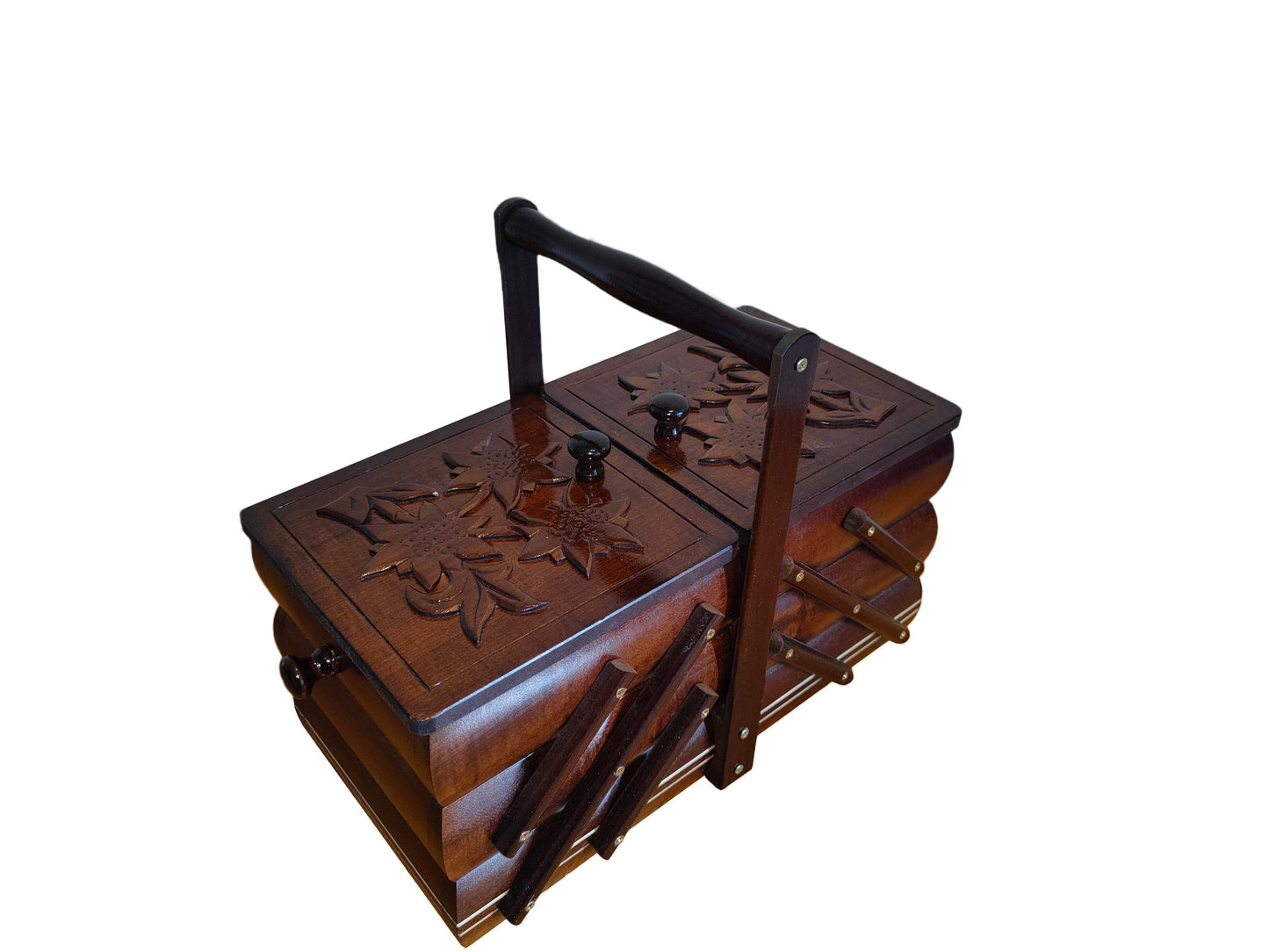 Sewing box of natural wood, jewelry casket, small carved expandable box, supplies storage, concentrina box, home organization, best gift
