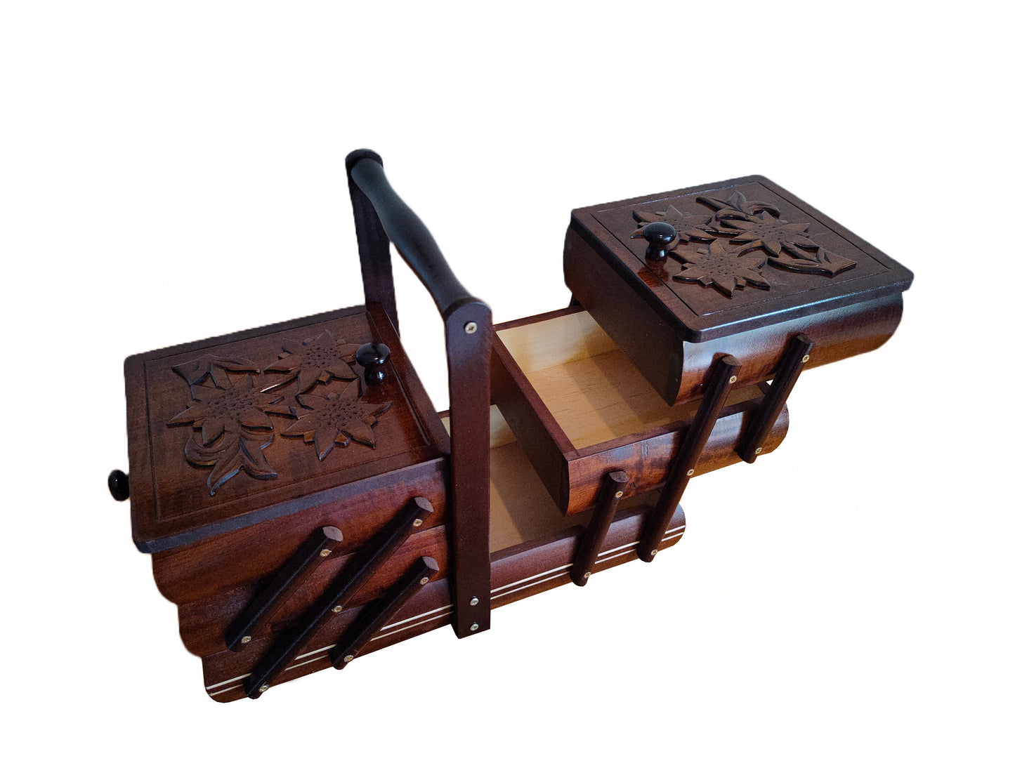Sewing box of natural wood, jewelry casket, small carved expandable box, supplies storage, concentrina box, home organization, best gift
