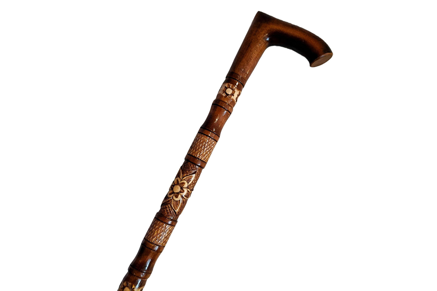 Wooden walking cane, Rustic walking stick made of wood, Pretty handcarved cane, Lightweight cane, Sturdy walking stick with rubber cap