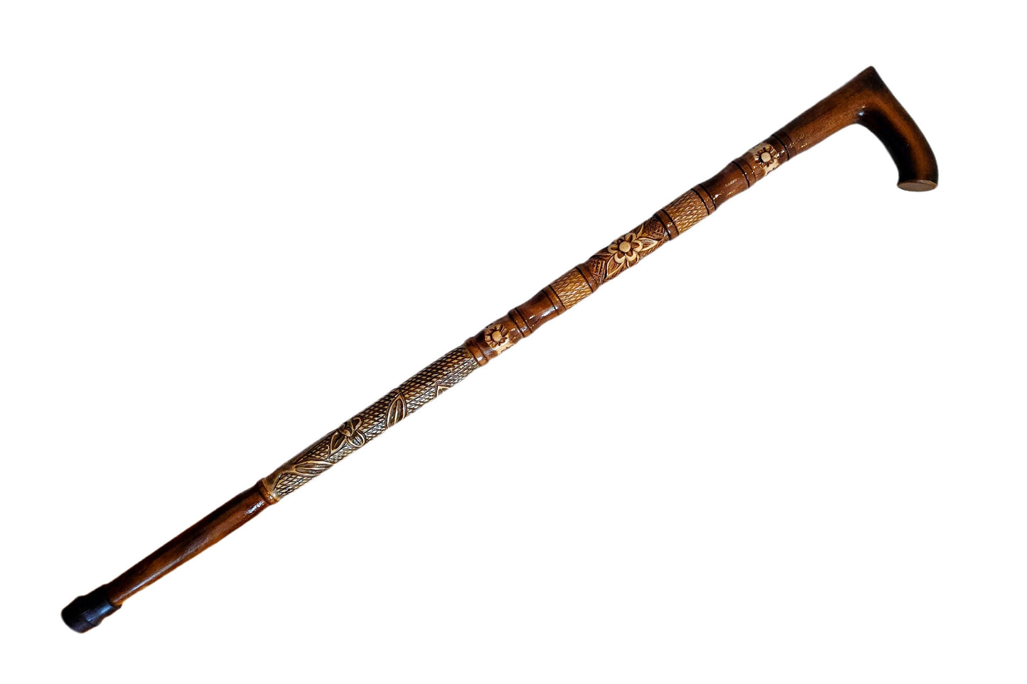 Wooden walking cane, Rustic walking stick made of wood, Pretty handcarved cane, Lightweight cane, Sturdy walking stick with rubber cap