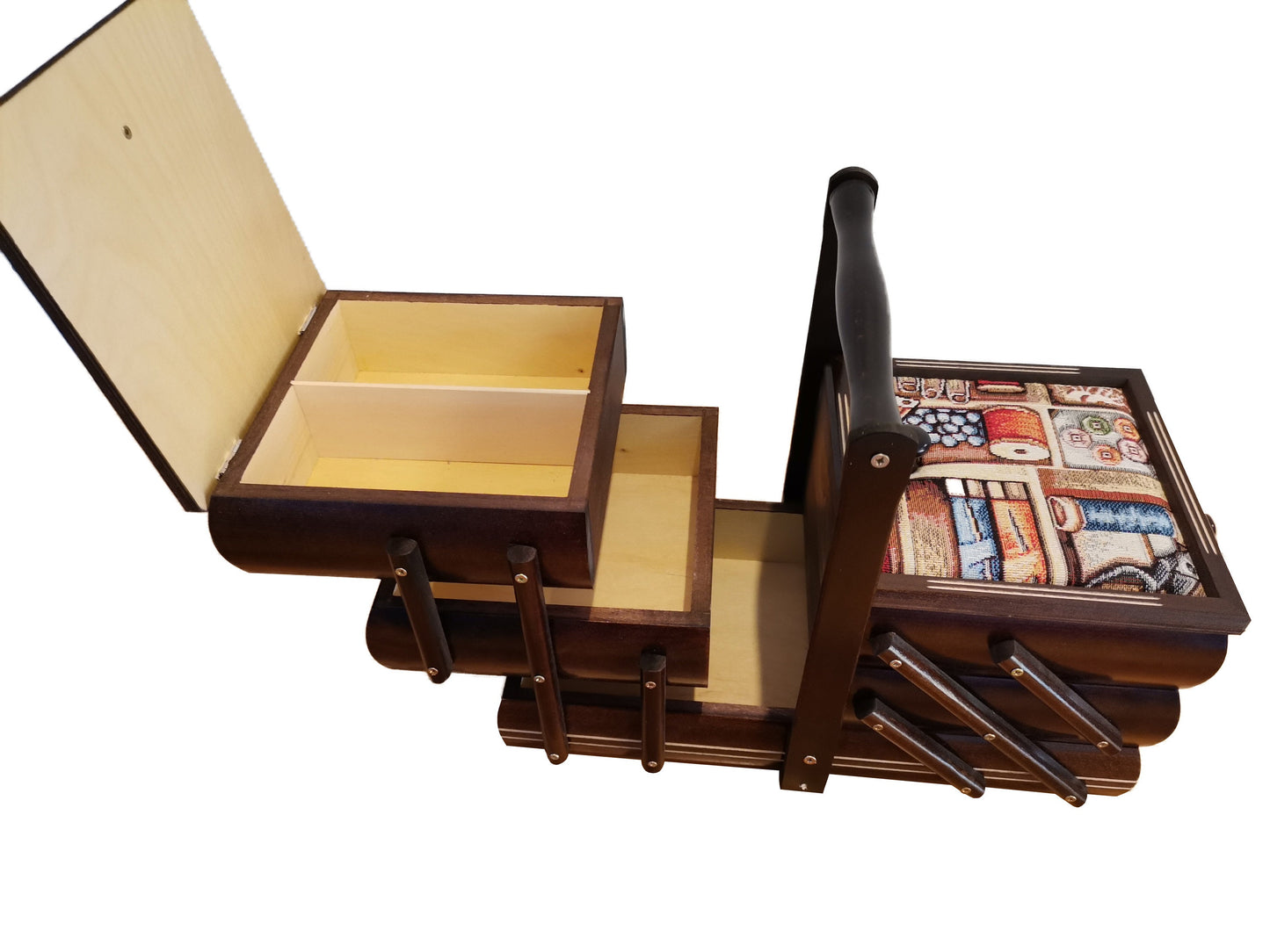 Dark brown sewing box from wood, wooden storage box for jewelry, fold out box for craft supplies, sewing box accordion, upholstered box