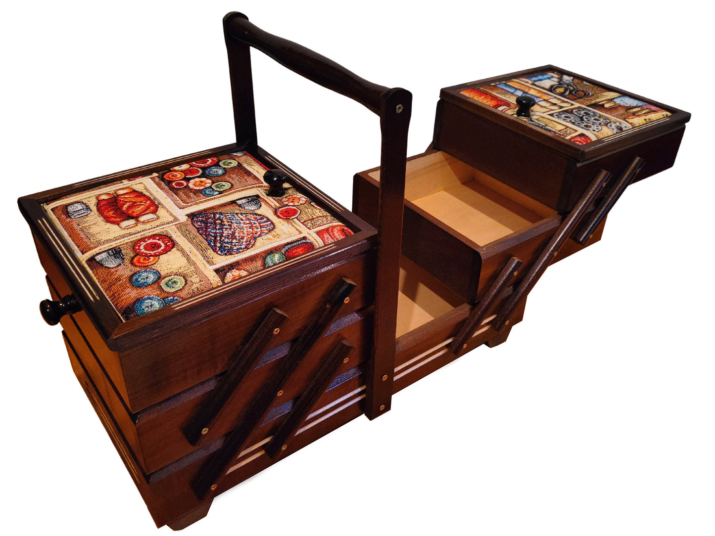 Large sewing box in dark brown colour, wooden storage box for jewelry, craft supplies and accessories, sewing box accordion, upholstered box