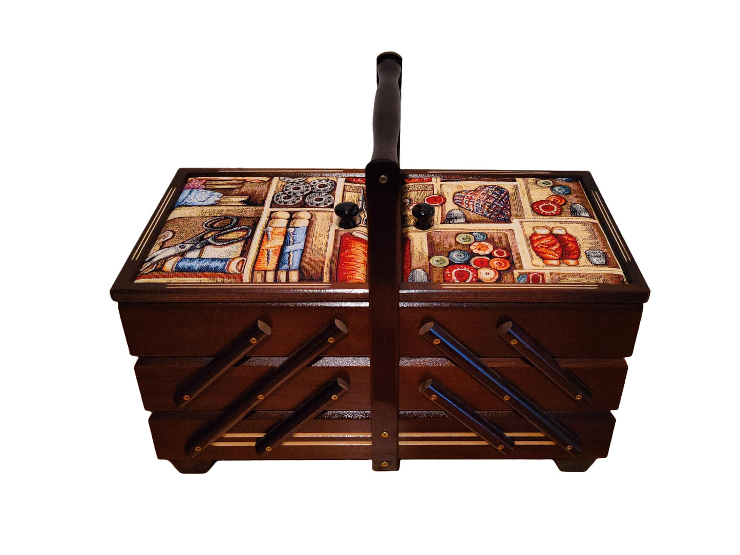Large sewing box in dark brown colour, wooden storage box for jewelry, craft supplies and accessories, sewing box accordion, upholstered box