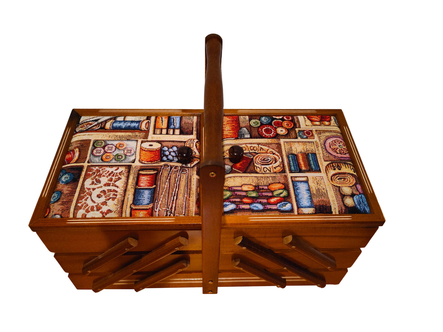 Wooden sewing box, brown storage box, big jewelry box, upholsted expandable box, art craft supplies storage, concentrina box, organization
