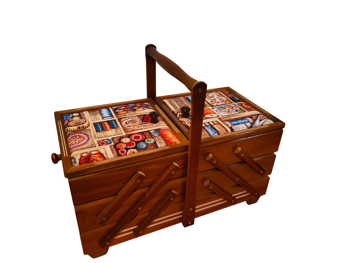 Wooden sewing box, brown storage box, big jewelry box, upholsted expandable box, art craft supplies storage, concentrina box, organization
