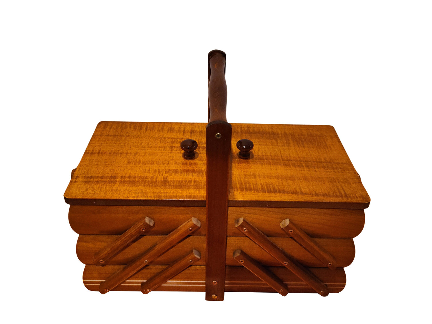 Wooden sewing box, wood storage for sewing equipment, foldable jewelry box, brown sewing box of wood, minimalist style accordion box
