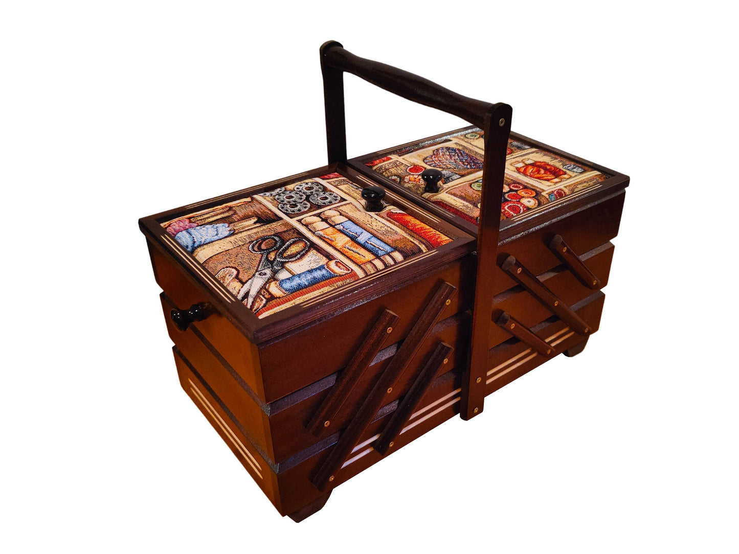 Large sewing box in dark brown colour, wooden storage box for jewelry, craft supplies and accessories, sewing box accordion, upholstered box