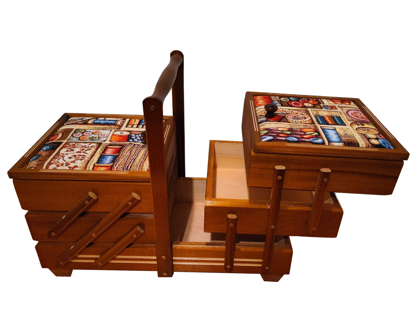 Wooden sewing box, brown storage box, big jewelry box, upholsted expandable box, art craft supplies storage, concentrina box, organization