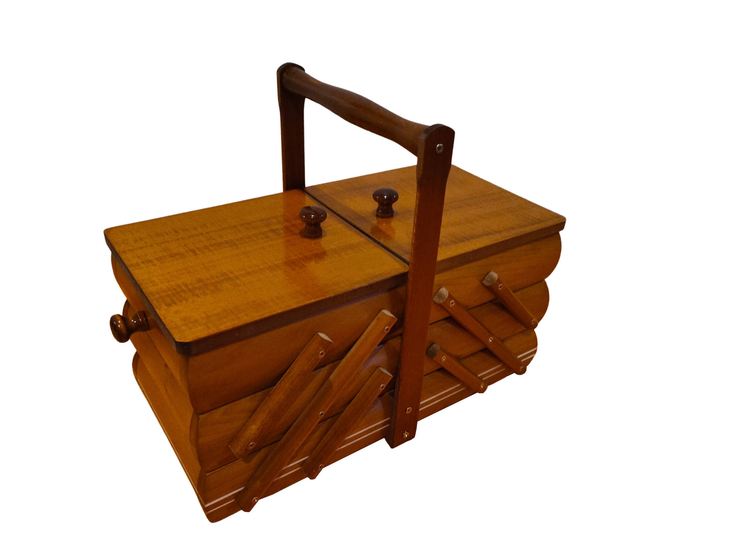 Wooden sewing box, wood storage for sewing equipment, foldable jewelry box, brown sewing box of wood, minimalist style accordion box