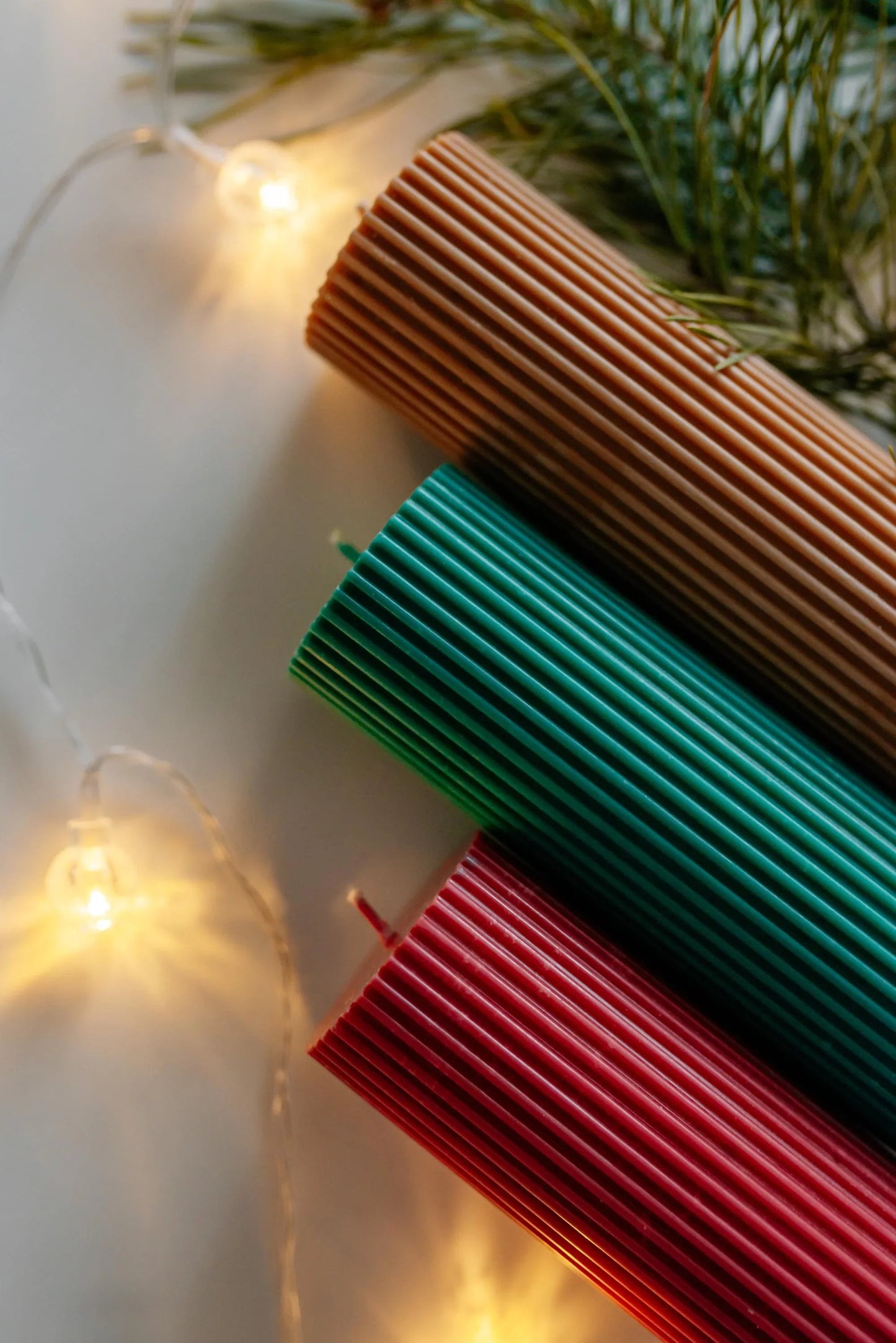 Red Green Brown Candles Tall Pillar Ribbed Soy Decorative Candles