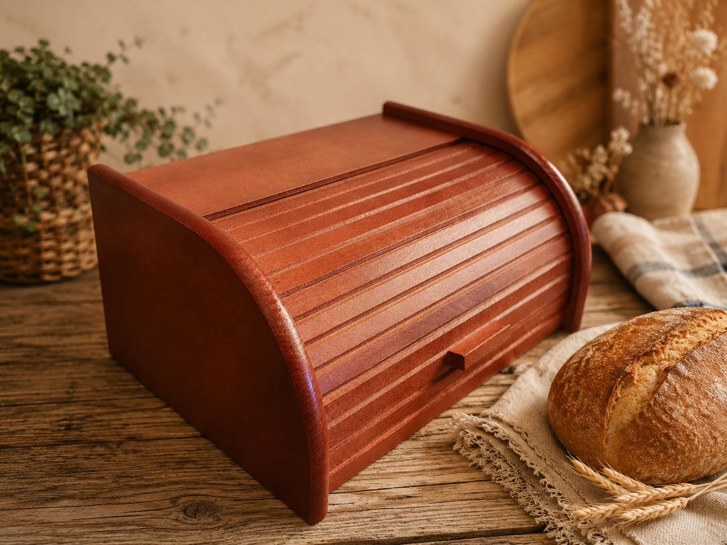 Handmade Brown Wooden Bread Box, shown on a Wooden Kitchen Table Next to Bread Loaf