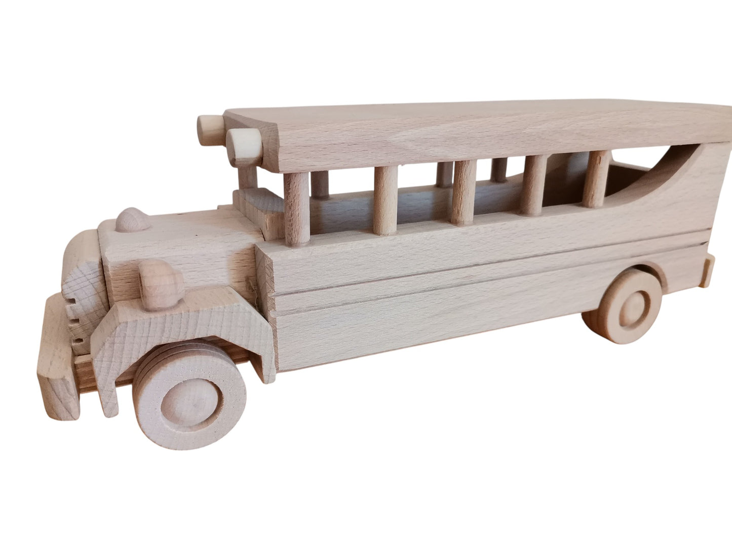 Handmade Wooden Bus Toy: Unfinished Natural Wood Motor Coach