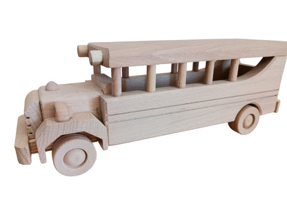 Handmade Wooden Bus Toy: Unfinished Natural Wood Motor Coach