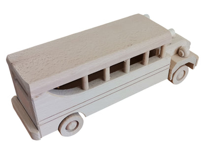 Handmade Wooden Bus Toy: Unfinished Natural Wood Motor Coach