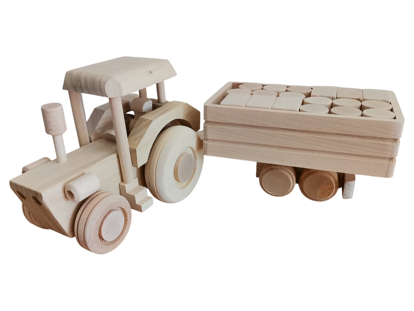 Wooden Tractor Toy with Trailer & Blocks: Eco-Friendly, Unpainted