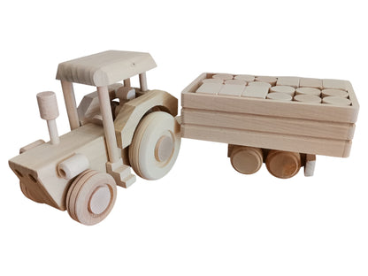 Wooden Tractor Toy with Trailer & Blocks: Eco-Friendly, Unpainted