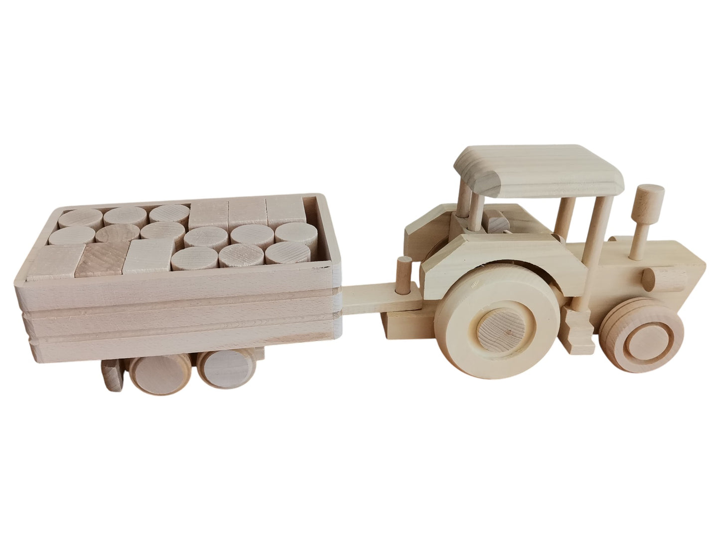 Wooden Tractor Toy with Trailer & Blocks: Eco-Friendly, Unpainted