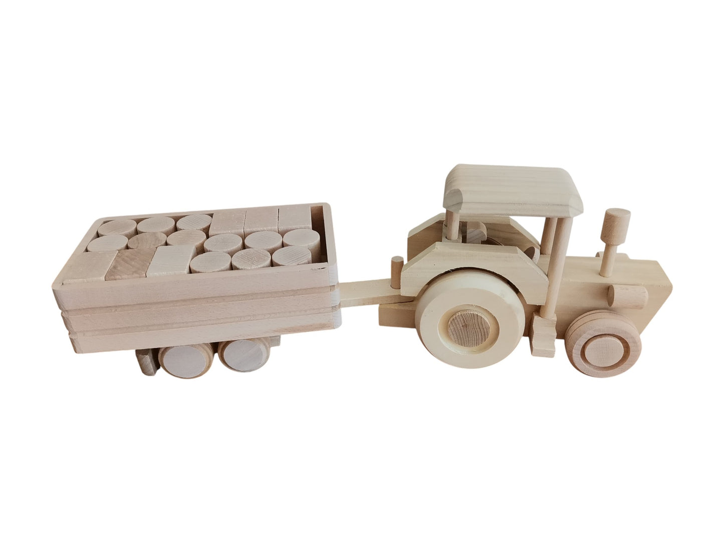 Wooden Tractor Toy with Trailer & Blocks: Eco-Friendly, Unpainted