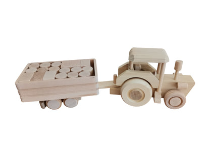 Wooden Tractor Toy with Trailer & Blocks: Eco-Friendly, Unpainted