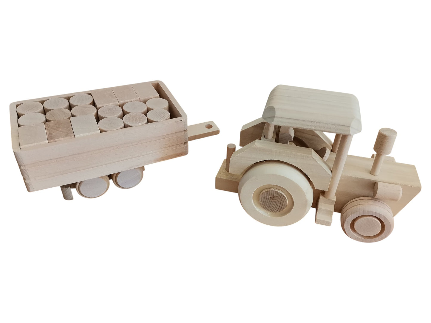 Wooden Tractor Toy with Trailer & Blocks: Eco-Friendly, Unpainted
