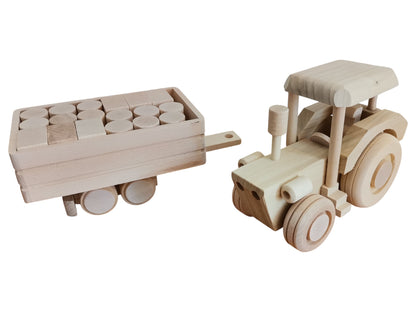 Wooden Tractor Toy with Trailer & Blocks: Eco-Friendly, Unpainted