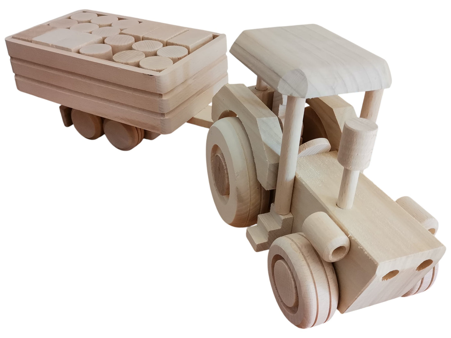 Wooden Tractor Toy with Trailer & Blocks: Eco-Friendly, Unpainted