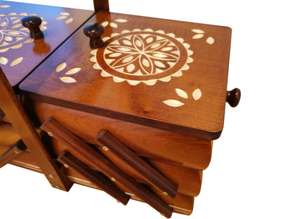 Sewing box, carved sewing caddy, wooden jewellery box for her, needles box, accordion box from wood, gift for woman, best gift for woman