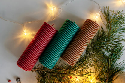 Red Green Brown Candles Tall Pillar Ribbed Soy Decorative Candles