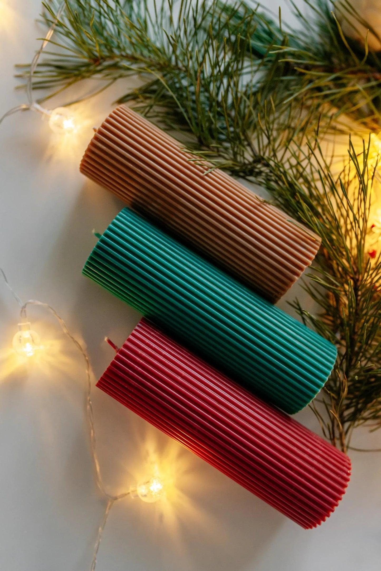 Red Green Brown Candles Tall Pillar Ribbed Soy Decorative Candles