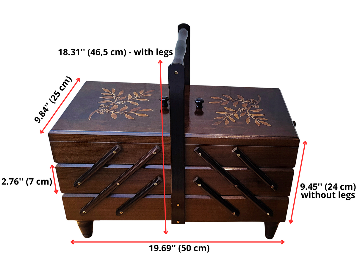 Handmade Dark Walnut Wooden sewing box with dimension, XXL size, front angle view showing tiered drawers

