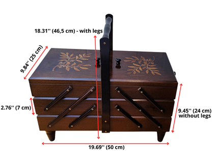 Handmade Dark Walnut Wooden sewing box with dimension, XXL size, front angle view showing tiered drawers
